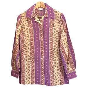 70s Sunny South Button Up Blouse Retro Boho Psychedelic Floral Purple Cream
